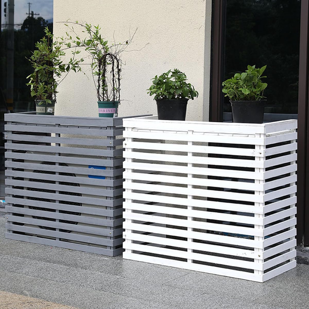 GENERIC Housse De Protection Pour Climatiseur D'extérieur En Bois Massif Avec Persiennes - Résistante Aux Intempéries - Support De Fleurs Polyvalent - Taille A - 85 X 35 X 80 Cm