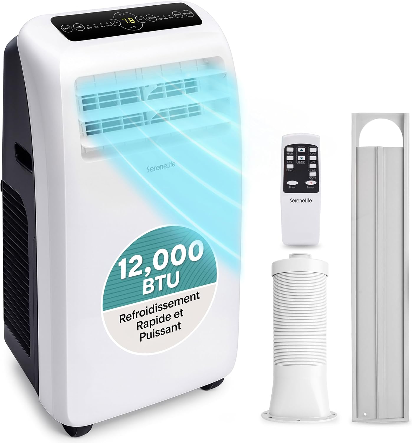  SereneLife Climatiseur Mobile 9000 BTU Avec Chauffage – Climatiseur Réversible Portable 4 En 1, Jusqu’à 41 M², Déshumidificateur, Ventilateur, Télécommande, Kit Fenêtre, Blanc
