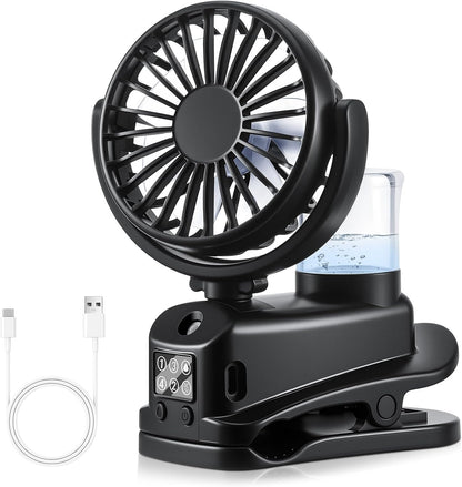  JIZZU Ventilateur à Pince, Mini Ventilateur Rechargeable Par USB Avec Spray Humidificateur, à 4 Vitesses Avec Clip, Affichage LED, Small Table Fan Pour Bureau, Maison, Camping - Blanc