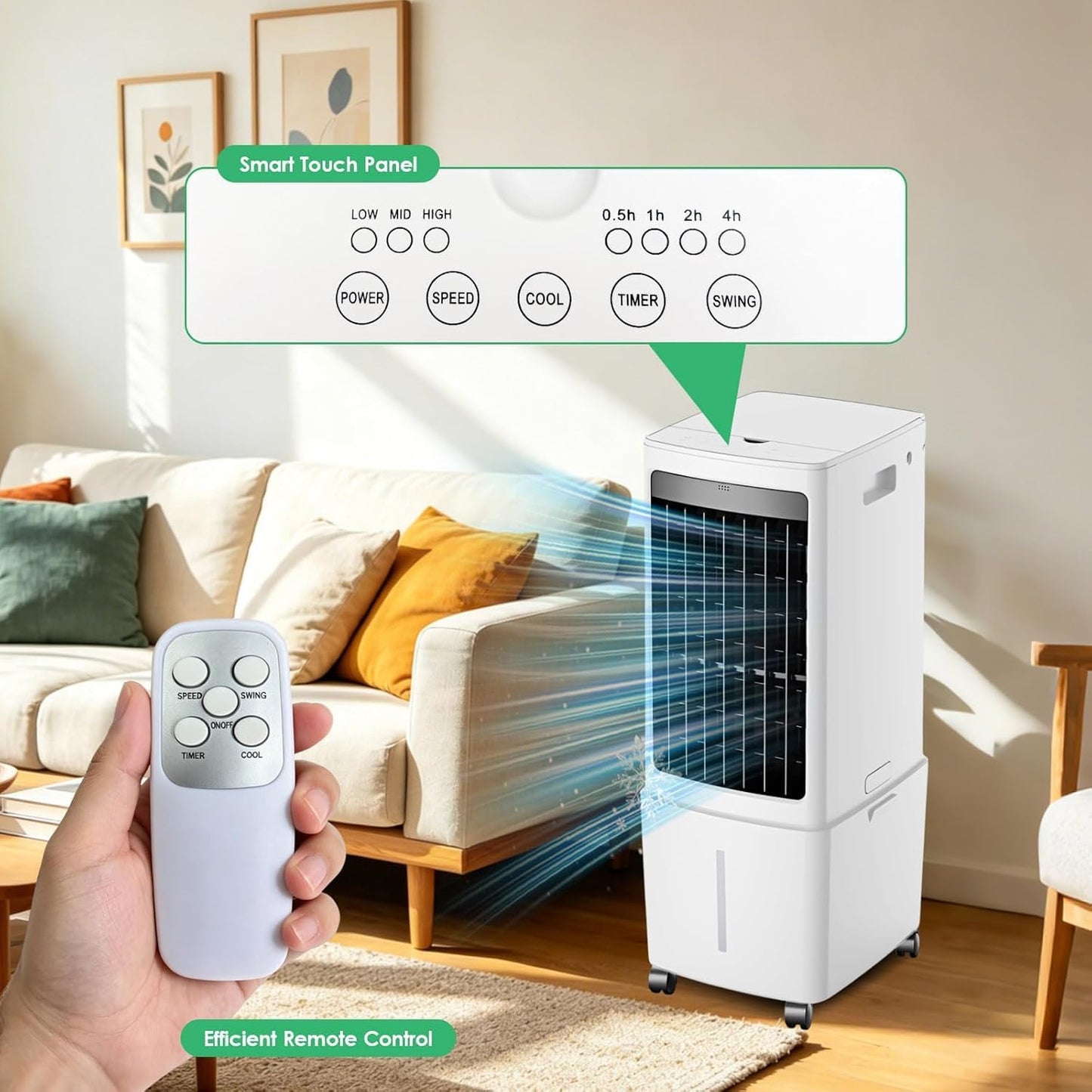 GENERIC Refroidisseur D'air évaporatif Portable, 3100 CFM, Refroidisseur De Marais Avec 3 Modes Et 3 Vitesses, Oscillation à 120°, Minuterie De 0 à 7,5 H, Pour Terrasse, Garage, Refroidissement Extérieur