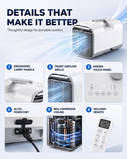 Unité De Climatisation Portable 4777 BTU, 4-en-1 Ventilateur De Refroidissement Déshumidificateur, DC Car RV Power, Mode De Sommeil Silencieux Auto-évaporateur Pour La Tente De Camping Van Home Intéri