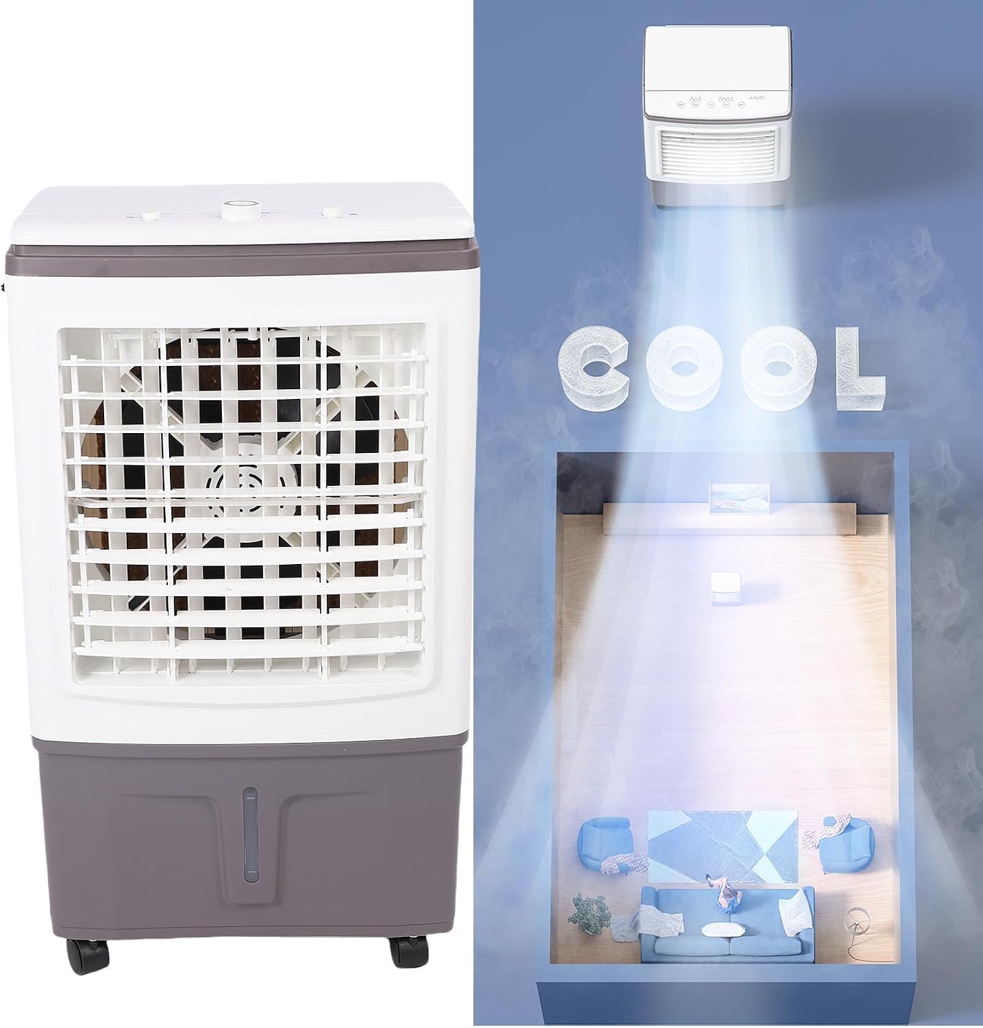  Climatiseur Par évaporation 26 L Portable 3000 M³h à Rotation Automatique 3 En 1 Avec Humidification 3 Vitesses 2 Blocs De Glace Pour La Maison, Le Bureau, Le Jardin