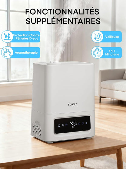  FOHERE Humidificateur D'air Chambre 6L, 60H Fonctionnement, 28dB Ultra-Silencieux, Humidifier Pour Grandes Pièces, Chambre, Bébé, Capteur D'Humidité, Minuterie 16H, Veilleuse, Diffuseur D'Huiles