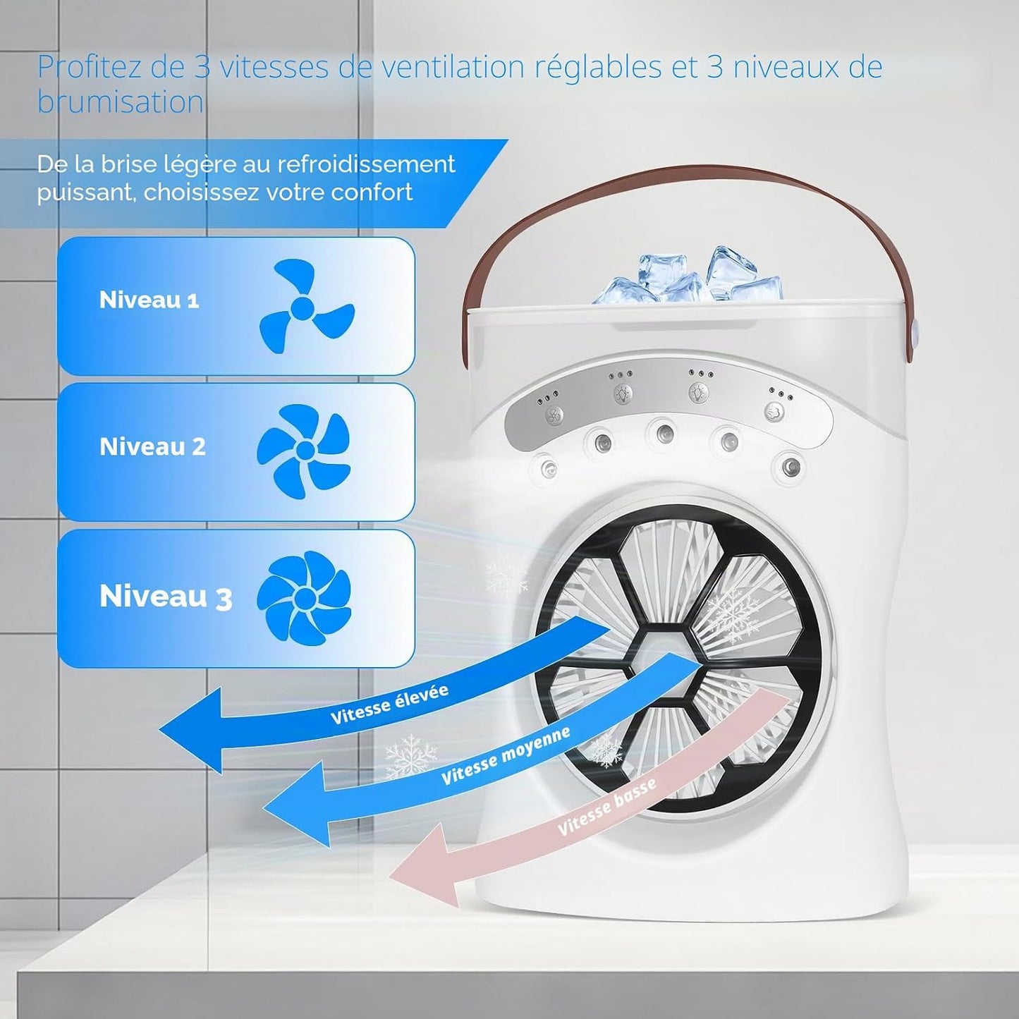  Mini Climatiseur Portable Avec Fonction 3 En 1 : Refroidissement, Humidification Et Veilleuse, 3 Niveaux De Vent, Réservoir D'eau De 550 Ml, Orientable à 180°, Lumière COB Et Lumière De Couleur, USB-C