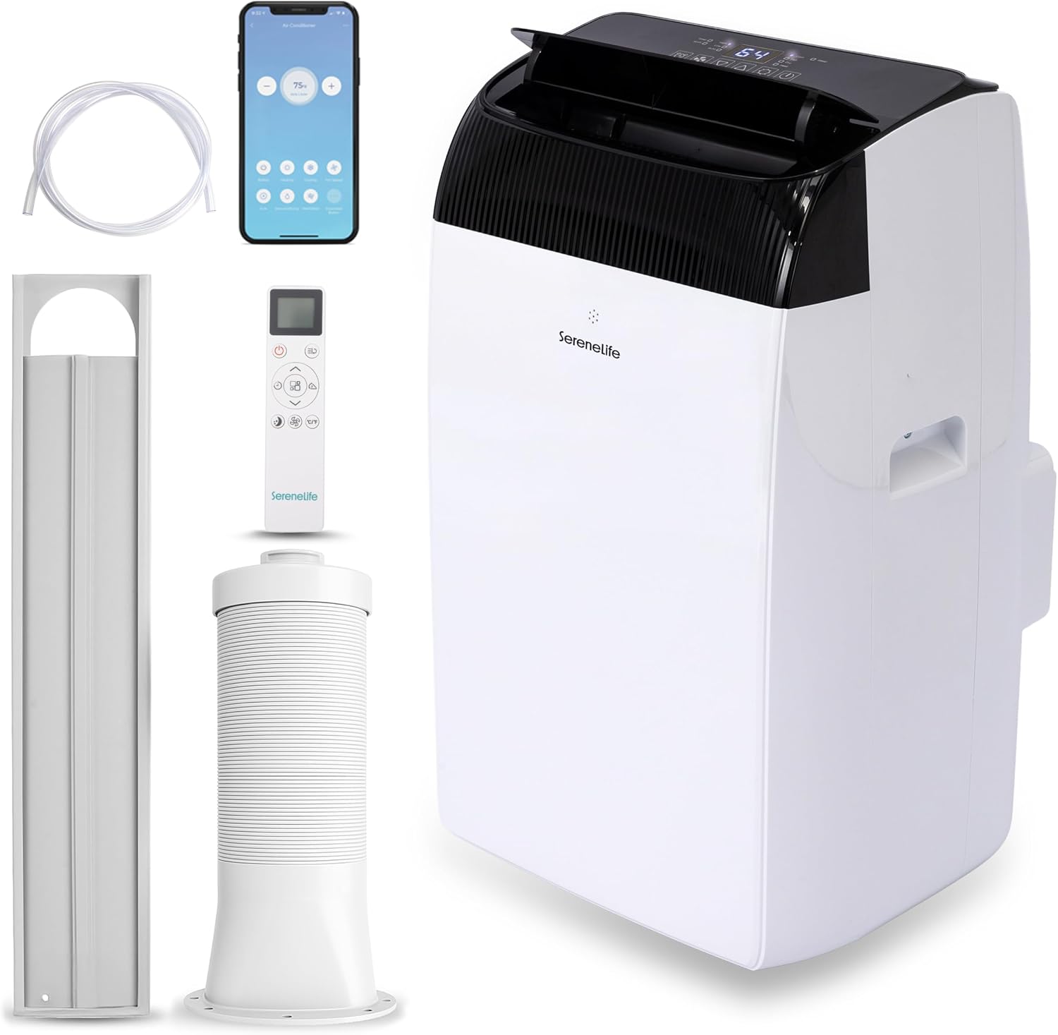  SereneLife Climatiseur Mobile 9000 BTU Avec Chauffage – Climatiseur Réversible Portable 4 En 1, Jusqu’à 41 M², Déshumidificateur, Ventilateur, Télécommande, Kit Fenêtre, Blanc