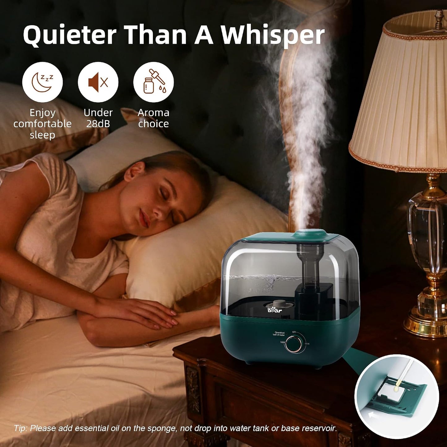  BEAR Humidificateur 5L à Remplissage Par Le Haut, 28 DB Ultra Silencieux Pour Bébés Et Plantes, Fonctionne Jusqu'à 35 Heures, Avec Plateau D'arômes, Buse à Vapeur Rotative à 360°, Arrêt Automatique
