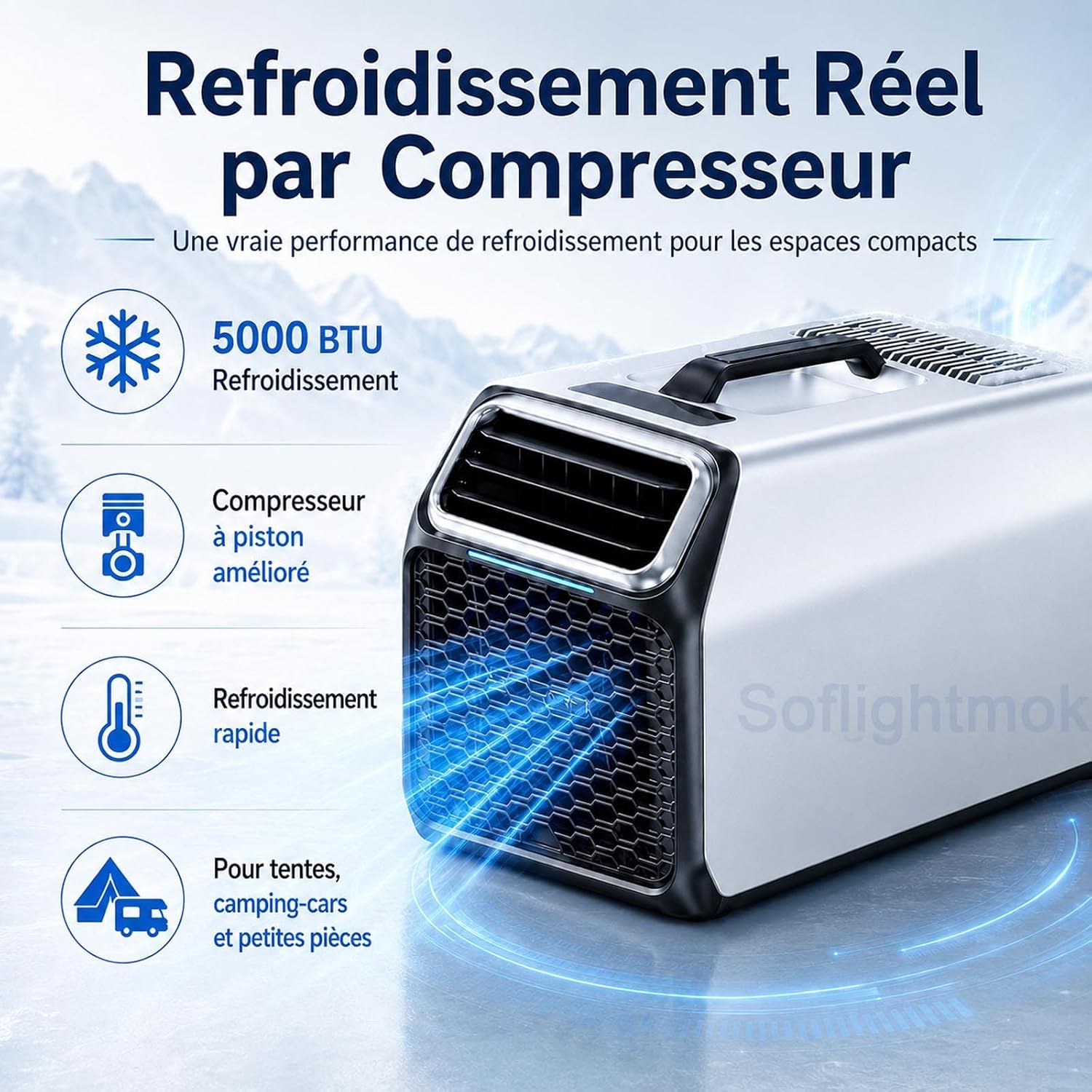  Climatiseur Mobile Pour Maison Camping-Car, Tente Et Atelier Silver-220V | Auto-évaporation Et Tuyau De Drainage Inclus Pour Réduire Les Vidanges En Climat Chaud Ou Humide.
