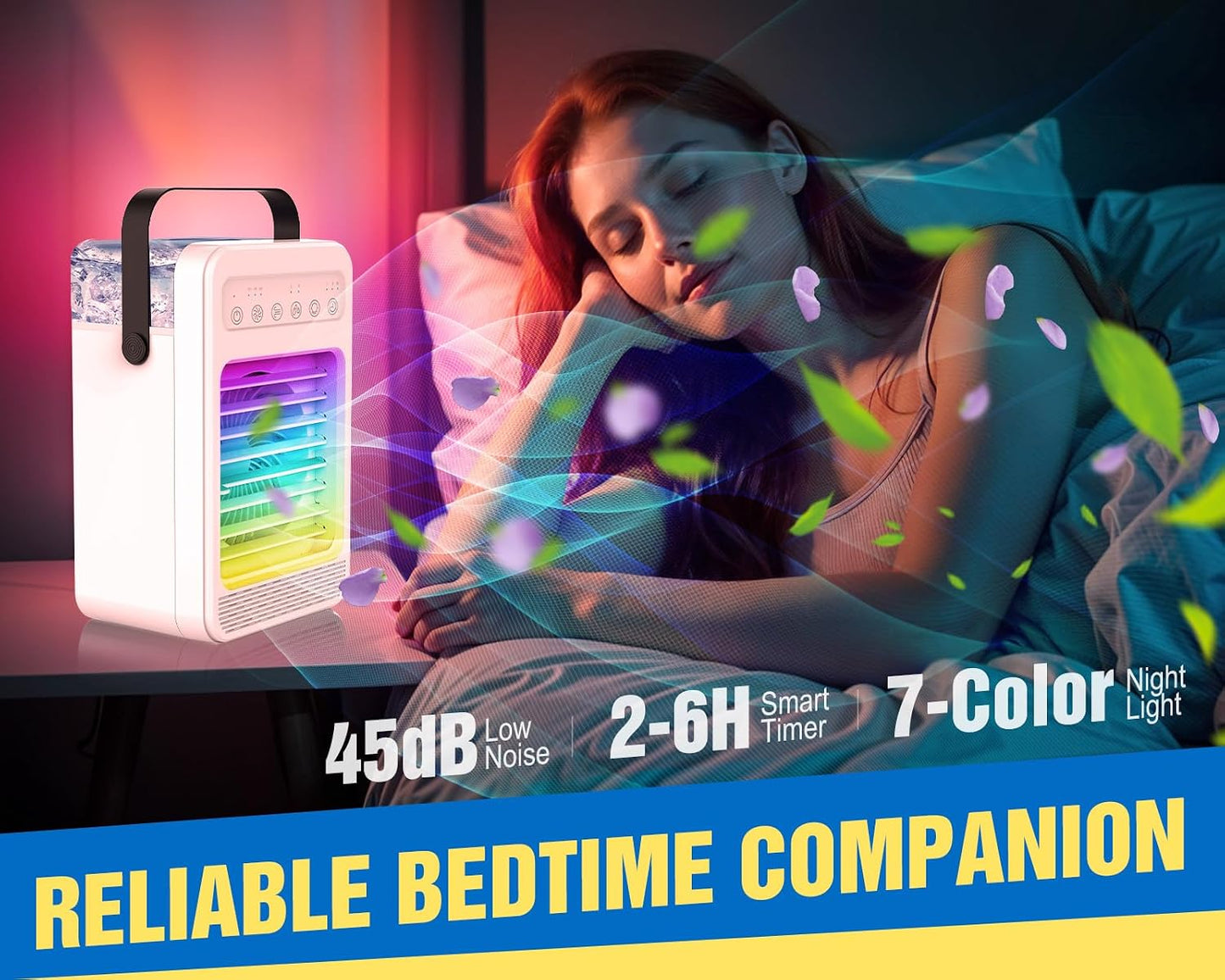  Climatiseur Portable, écran Tactile Avec 4 Vitesses, Réservoir De 600 Ml, Minuteries De 2 à 4 à 6 Heures Et Lumières LED, Unité AC Portable, Mini Ventilateur De Refroidissement Personnel Pour Chambre