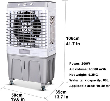  Refroidisseur D'air Par Évaporation 4 En 1, Climatiseur De Marais De 200W Avec Grand Réservoir De 60 L, Ventilateur De Climatisation Industriel à Oscillation De 120°, Pour Terrasse, Usine, Bureau