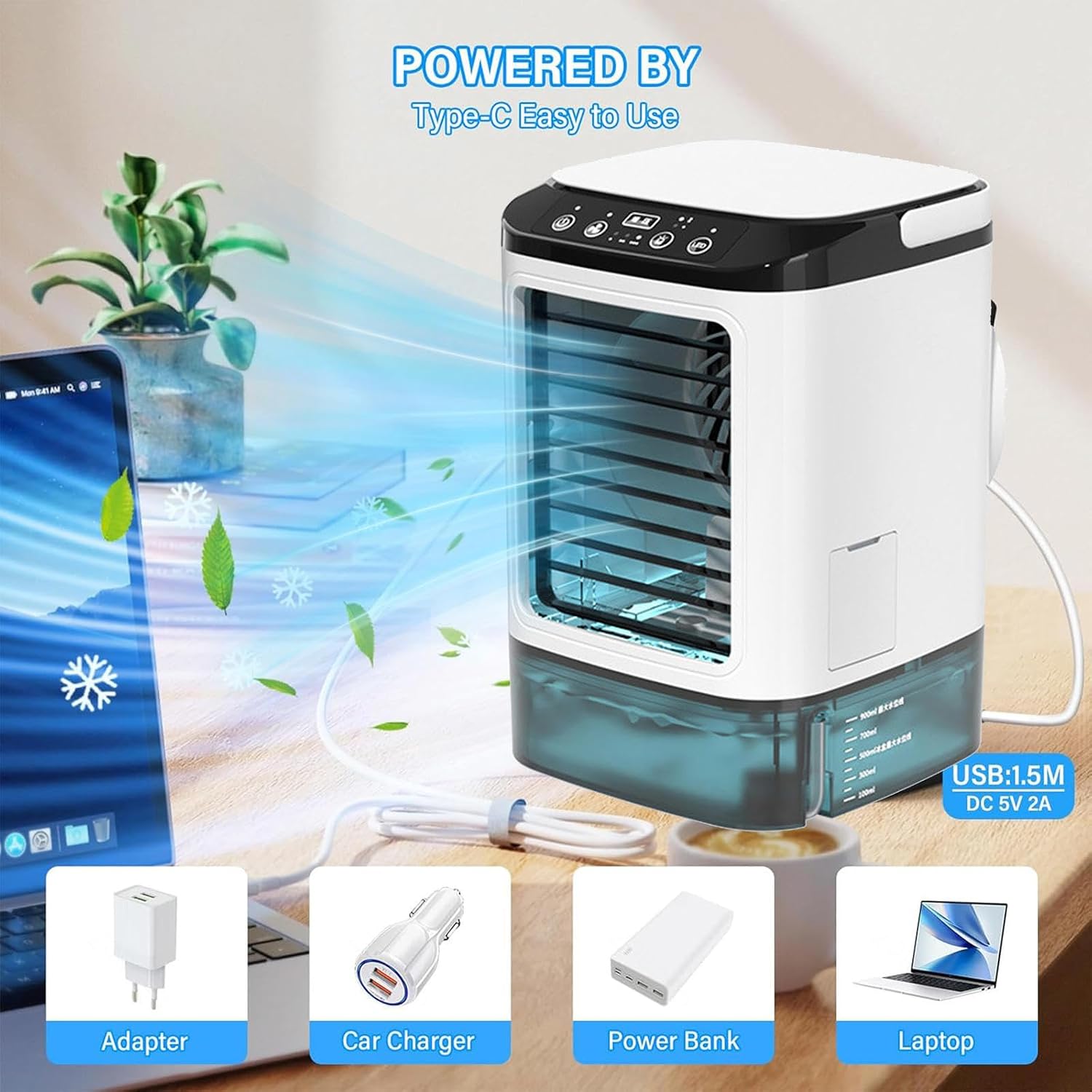  Avec Glacière Climatiseur Mobile, Air Conditioner Portable 3 Vitesses Et LED 7 Couleurs Climatiseur Sans Conduit Air Cooler Fan