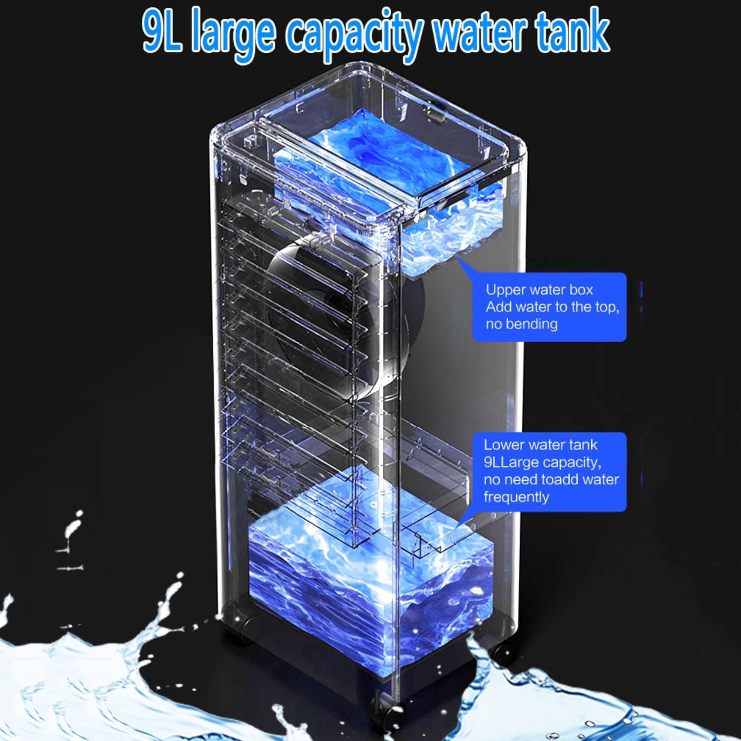 GENERIC Réservoir D'air évaporatif Portable 9L, Affichage LED, Pack De Glace Inclus, 3 Vitesses, 90 Oscillation, Minuterie 8H, Mode De Sommeil Silencieux, Ventilateur Efficace D'énergie Pour Le Refroidissemen