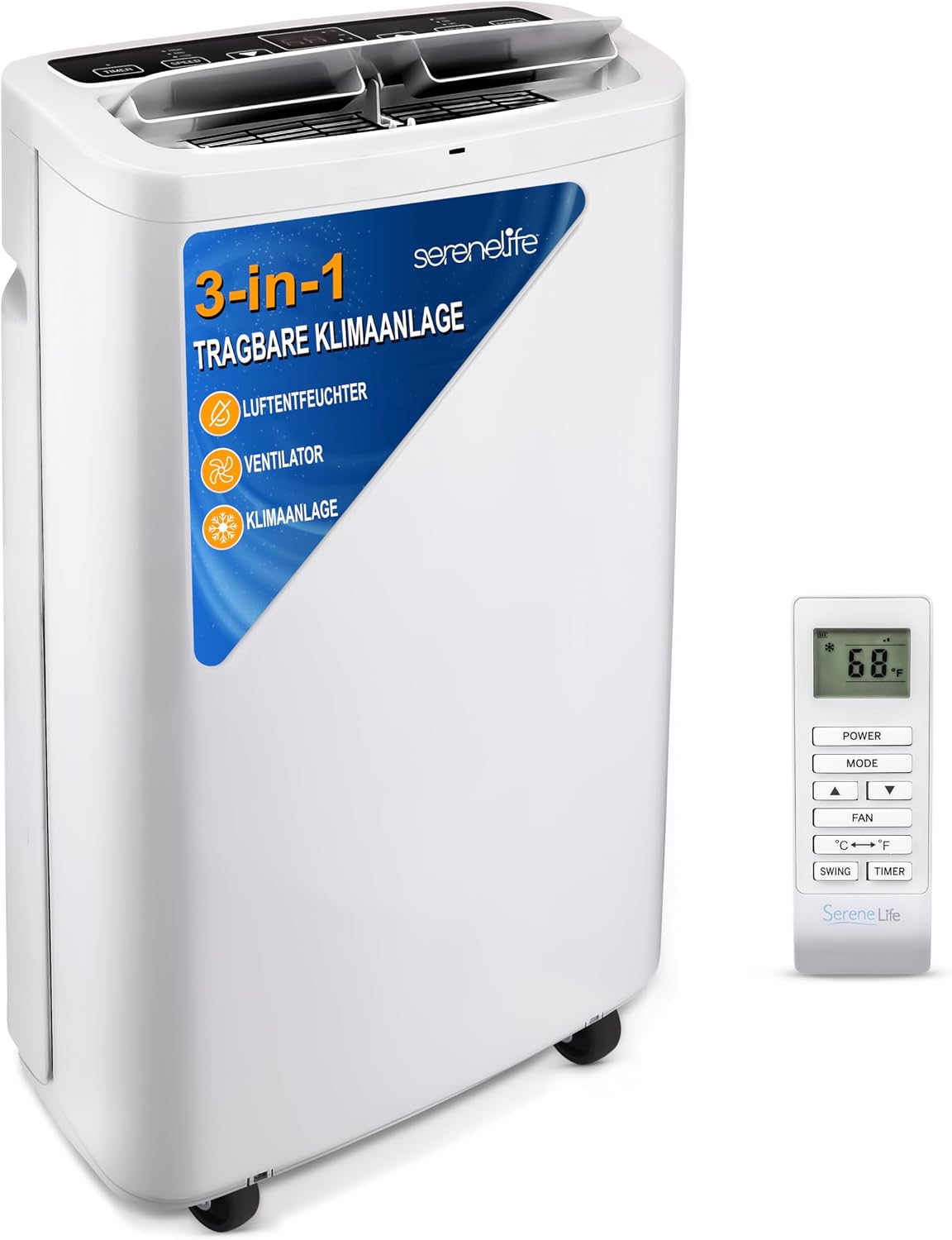  SereneLife Climatiseur Mobile 9000 BTU Avec Chauffage – Climatiseur Réversible Portable 4 En 1, Jusqu’à 41 M², Déshumidificateur, Ventilateur, Télécommande, Kit Fenêtre, Blanc