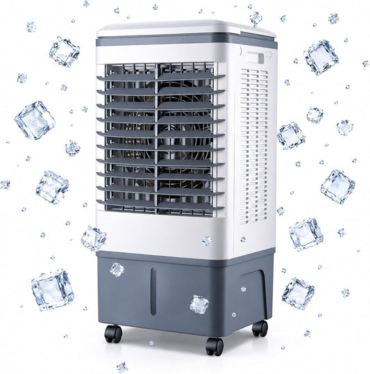 GENERIC Refroidisseur D'air évaporatif Compact Avec Télécommande, Ventilateur à 3 Vitesses, Minuterie 7.5H, Packs De Glace Et Roues Verrouillables Pour Chambre à Coucher, Bureau, Confort De Refroidissement De