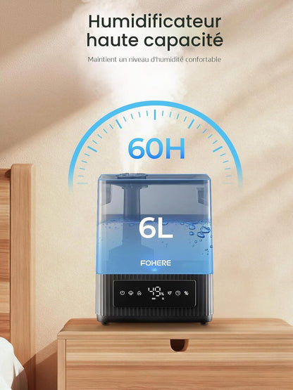  6L Humidificateur D'air Chambre à Brume Froide Silencieux, Autonomie 60H Et Minuterie 12H, Humidificateur Avec Capteur D'humidité Précis, Remplissage Par Le Haut Pour Grandes Pièces Et Salon, Noir