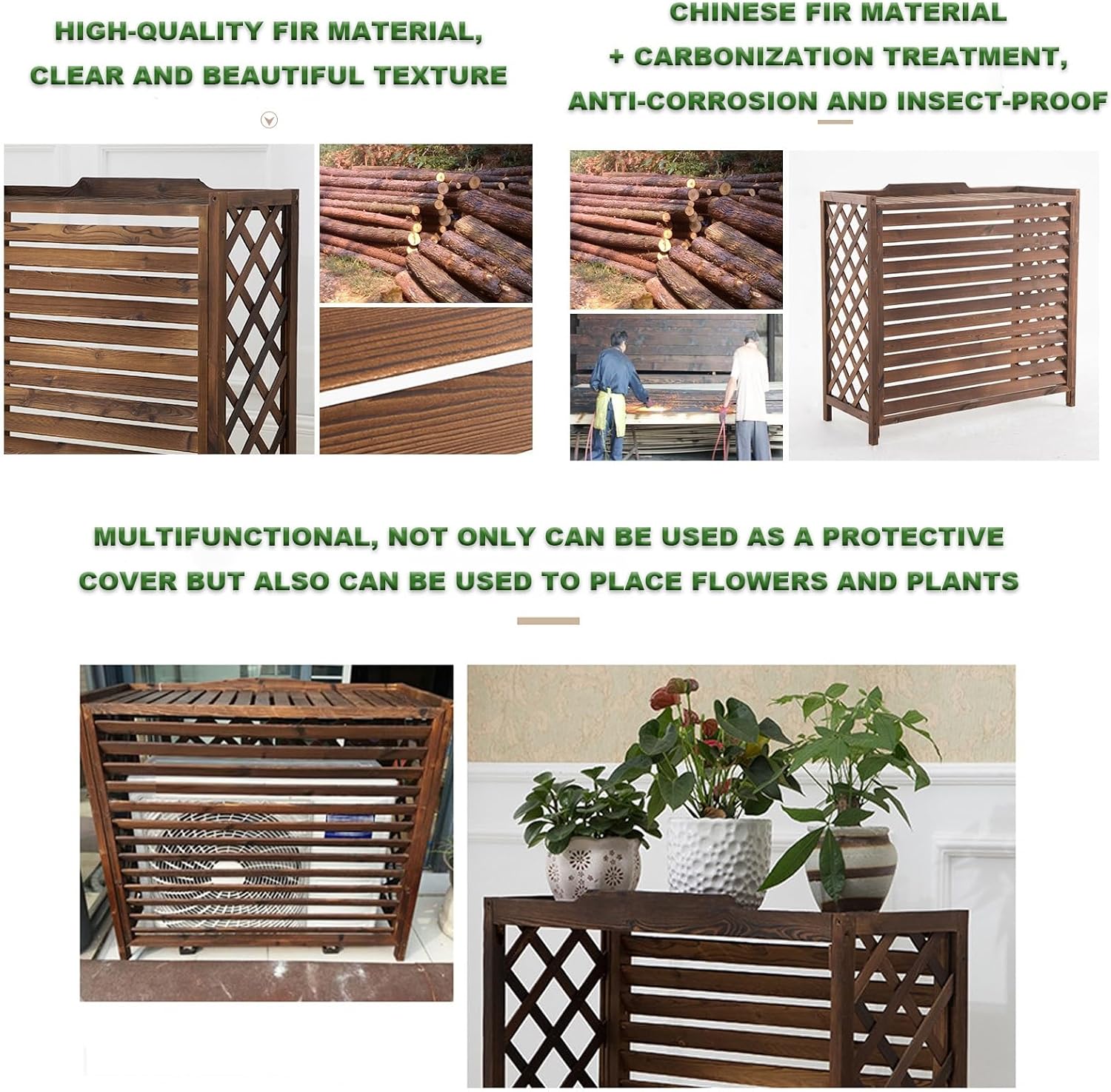  DOSSAE Couverture De Climatiseur En Bois,D'écran De Confidentialité Antivol De La Vie,Cache Climatiseur Pour Unité Extérieure En Bois,Carbonisé, Facile À Installer.