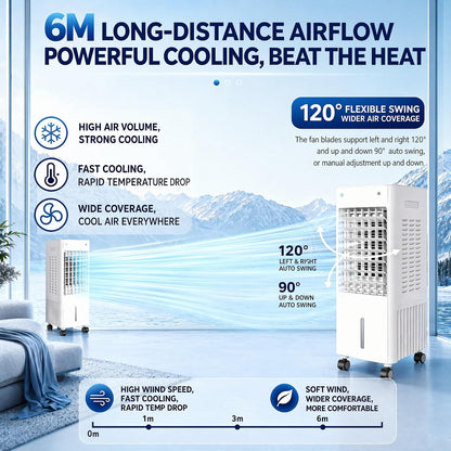  Climatiseur Évaporatif 4 En 1 Avec Réservoir 12L Et Télécommande，3 Vitesses, Oscillation 90°-120°, Minuterie 7,5 H, 4 Blocs De Glace Inclus, Roulettes Mobiles (White 12L)