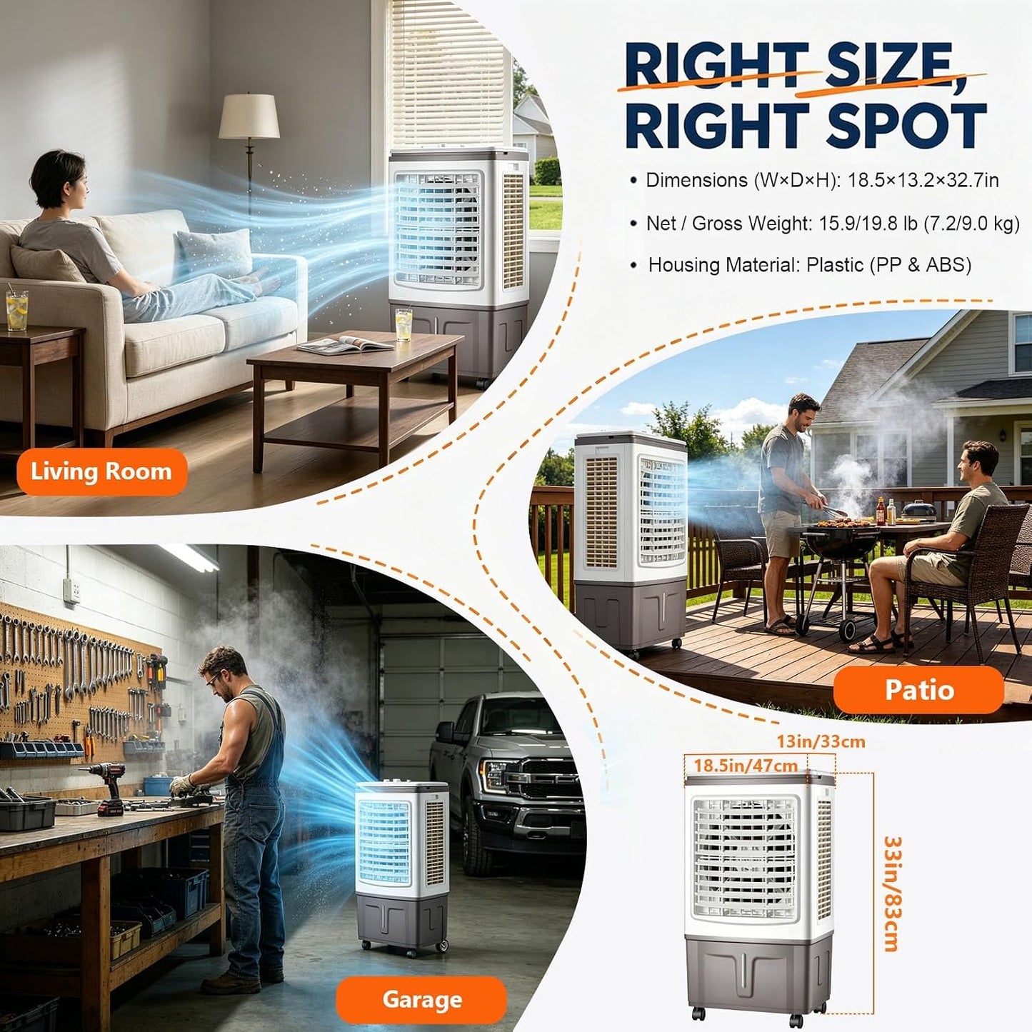 GENERIC Ventilateur Refroidisseur D'air 3 En 1, Réservoir D'eau 30 L, Rideau Triple Côté, Balançoire à 120°, 3 Vitesses De Ventilateur, Avec Blocs De Glace, For Camping-car Et Tente De Camping