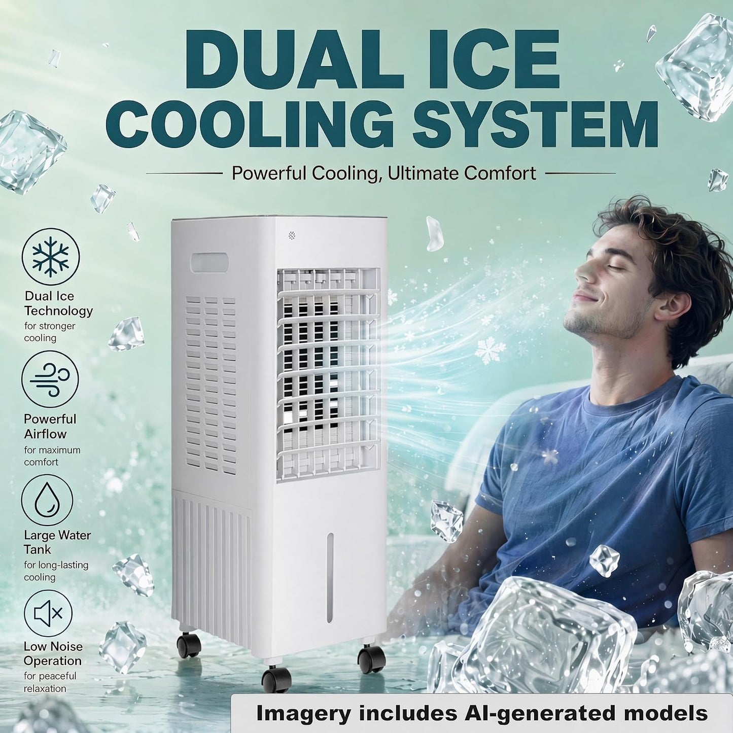  Climatiseur Évaporatif 4 En 1 Avec Réservoir 12L Et Télécommande，3 Vitesses, Oscillation 90°-120°, Minuterie 7,5 H, 4 Blocs De Glace Inclus, Roulettes Mobiles (White 12L)