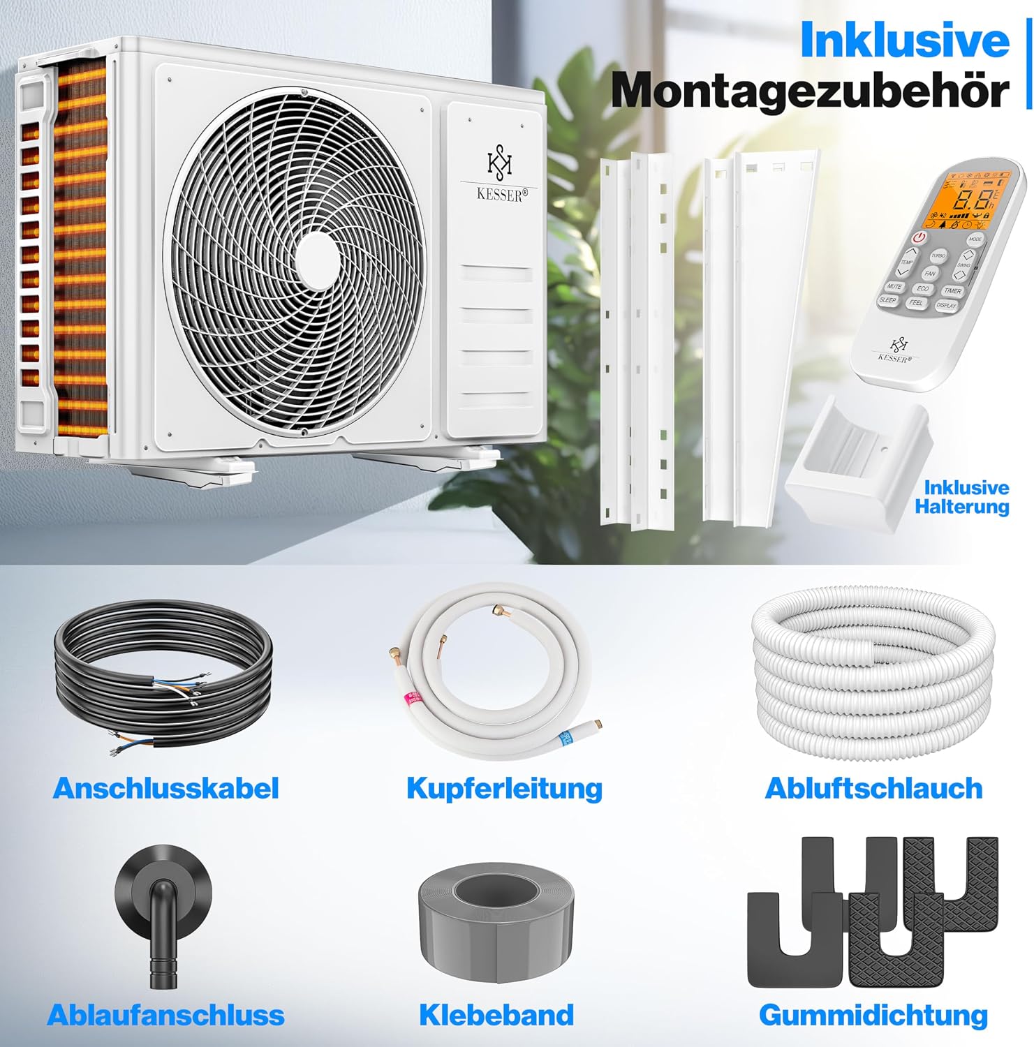  KESSER® Climatiseur SET Split – Wi-Fi/application – Refroidissement A++/chauffage A+ – Réfrigérant R32 – Télécommande, Matériel De Montage 9 000 BTU/h (2 600 Watts) Blanc [Classe énergétique A++]