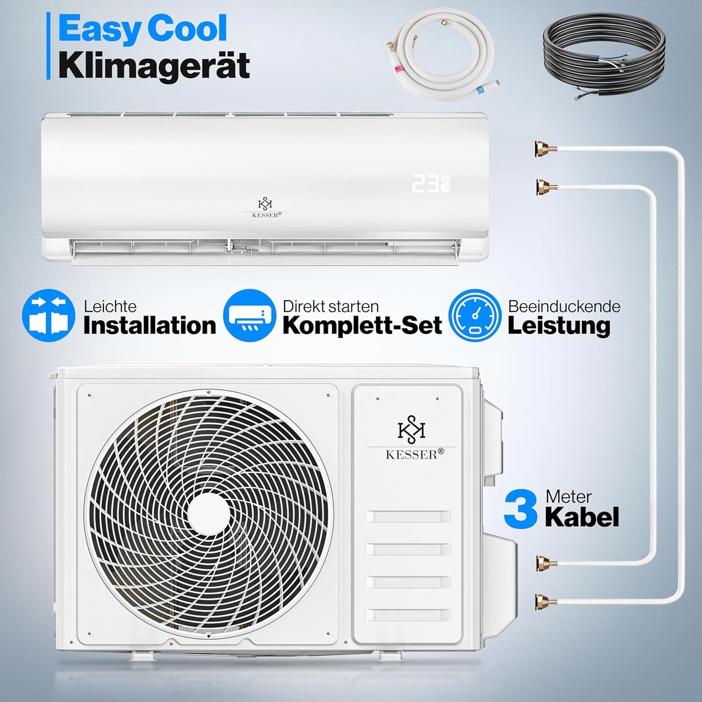  KESSER® Climatiseur SET Split – Wi-Fi/application – Refroidissement A++/chauffage A+ – Réfrigérant R32 – Télécommande, Matériel De Montage 9 000 BTU/h (2 600 Watts) Blanc [Classe énergétique A++]