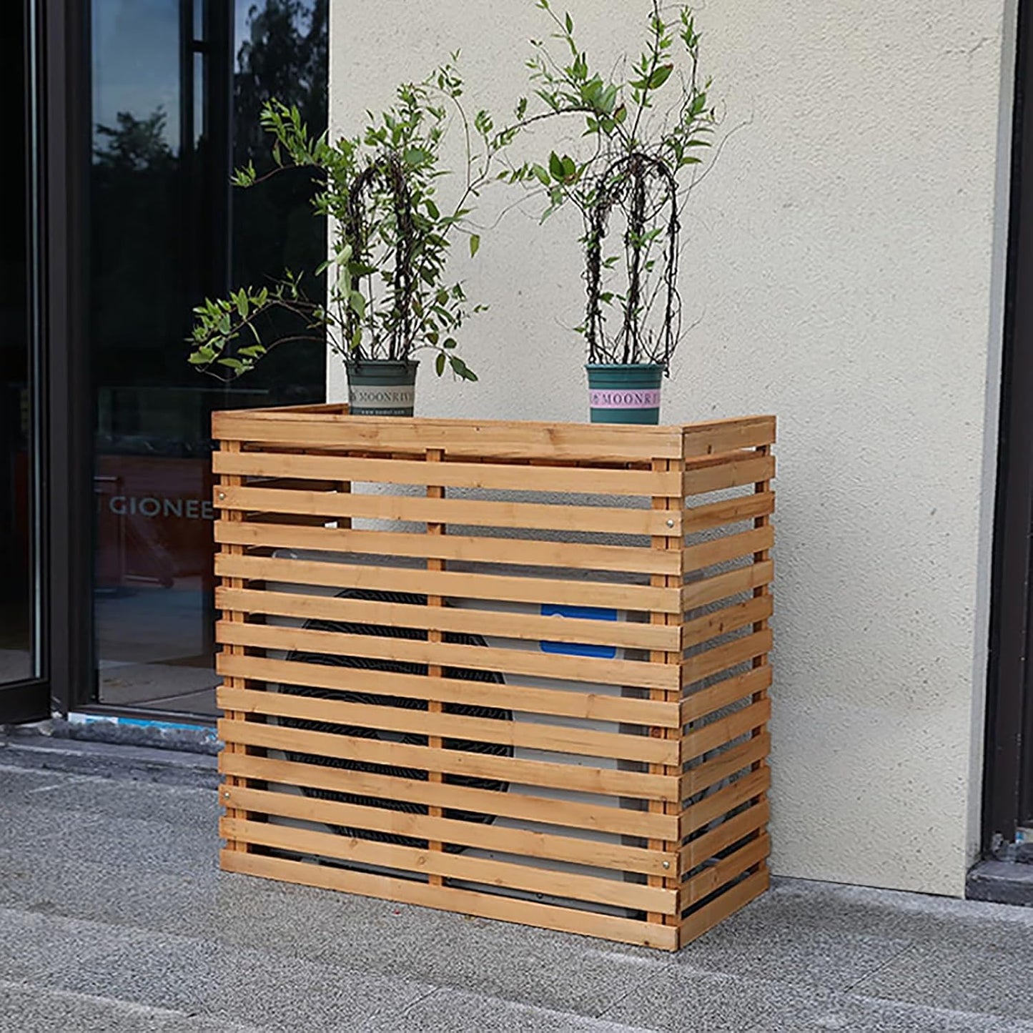  Housse Pour Climatiseur Extérieur – Bois Massif Avec Support De Fleur, Design Jaune élégant Pour Unités De Climatisation Portables, Solution Résistante Aux Intempéries Et Décorative.