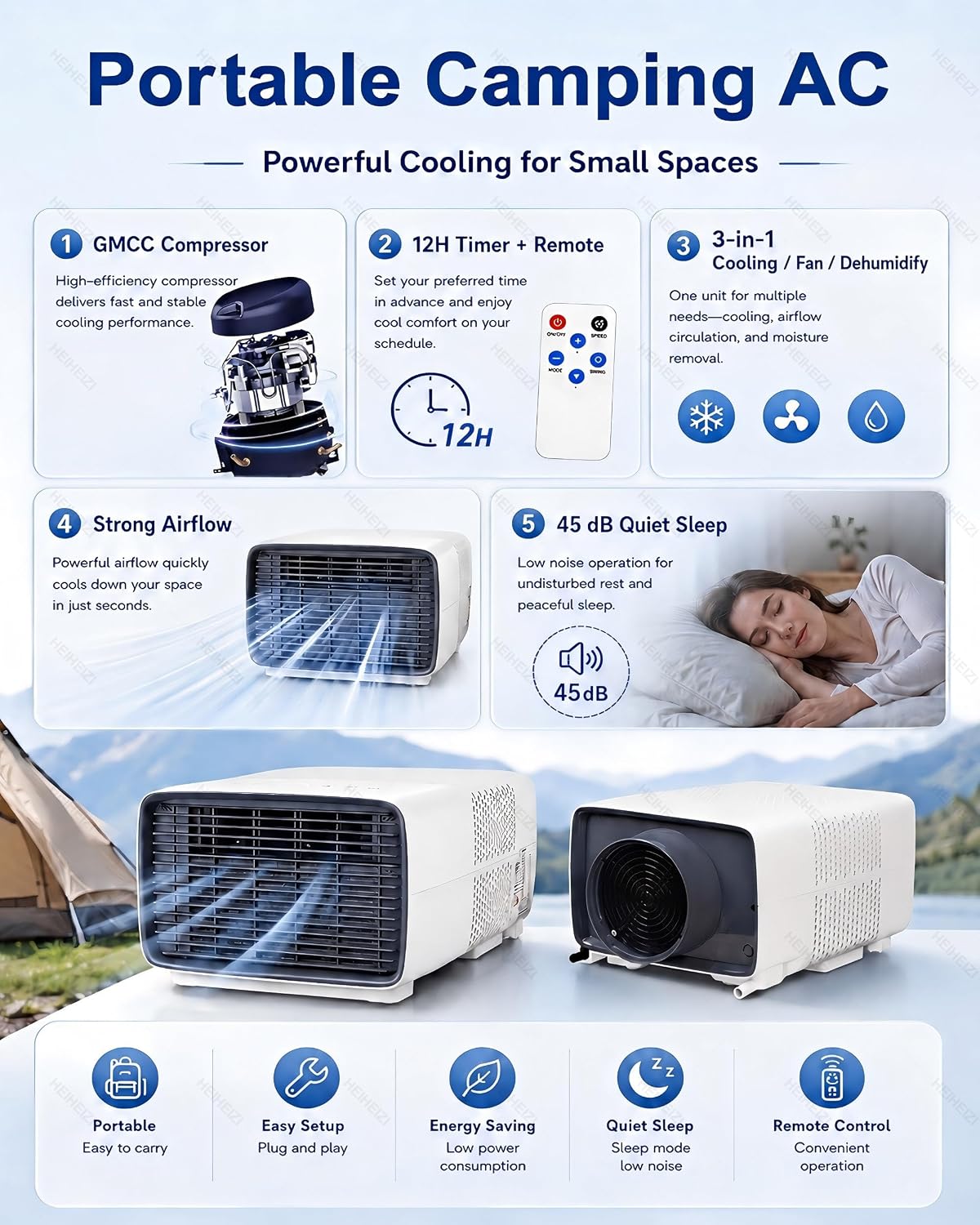  Climatiseur De Tente 2700 BTU 280W Compresseur DC 45 DB CE | 3 Modes Refroidissement, Déshumidification Et Ventilation, Panneau, Télécommande, Timer 1-12 H, Pour Camping-car Et Van