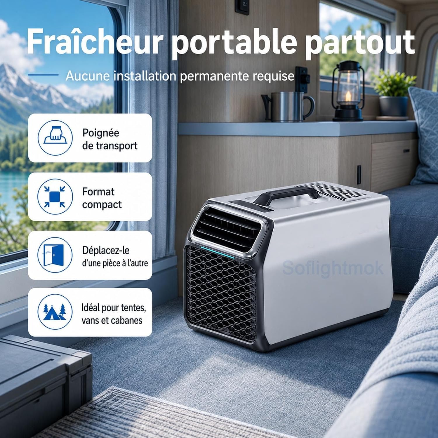  Climatiseur Mobile Pour Maison Camping-Car, Tente Et Atelier Silver-220V | Auto-évaporation Et Tuyau De Drainage Inclus Pour Réduire Les Vidanges En Climat Chaud Ou Humide.
