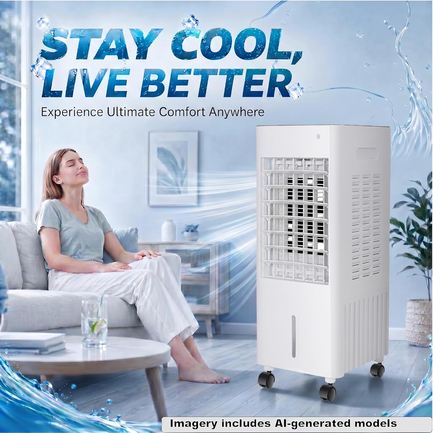  Climatiseur Évaporatif 4 En 1 Avec Réservoir 12L Et Télécommande，3 Vitesses, Oscillation 90°-120°, Minuterie 7,5 H, 4 Blocs De Glace Inclus, Roulettes Mobiles (White 12L)