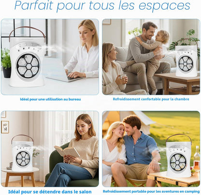  Mini Climatiseur Portable Avec Fonction 3 En 1 : Refroidissement, Humidification Et Veilleuse, 3 Niveaux De Vent, Réservoir D'eau De 550 Ml, Orientable à 180°, Lumière COB Et Lumière De Couleur, USB-C