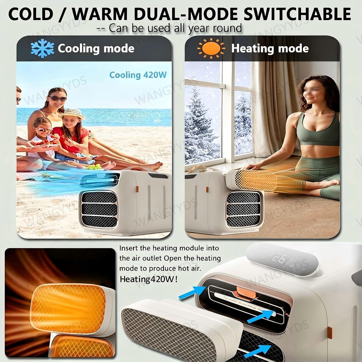  Climatiseur Mobile 4700 BTU, 3 En 1 Climatisation Avec Déshumidificateur Chauffage Et Mode Sommeil, Clim Mobile Silencieuse, Kit Fenêtre Fourni, Télécommande, Minuterie 24H