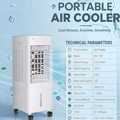  Climatiseur Évaporatif 4 En 1 Avec Réservoir 12L Et Télécommande，3 Vitesses, Oscillation 90°-120°, Minuterie 7,5 H, 4 Blocs De Glace Inclus, Roulettes Mobiles (White 12L)