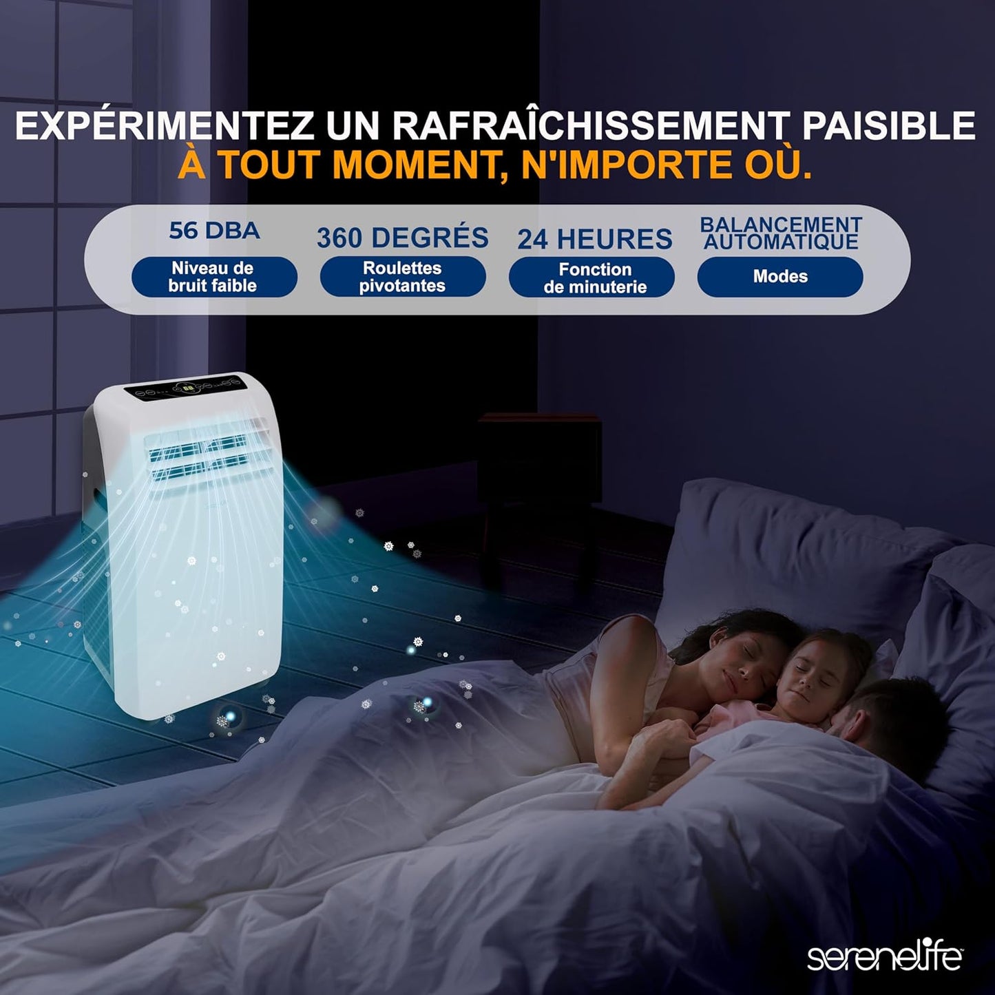  SereneLife Climatiseur Mobile 9000 BTU Avec Chauffage – Climatiseur Réversible Portable 4 En 1, Jusqu’à 41 M², Déshumidificateur, Ventilateur, Télécommande, Kit Fenêtre, Blanc