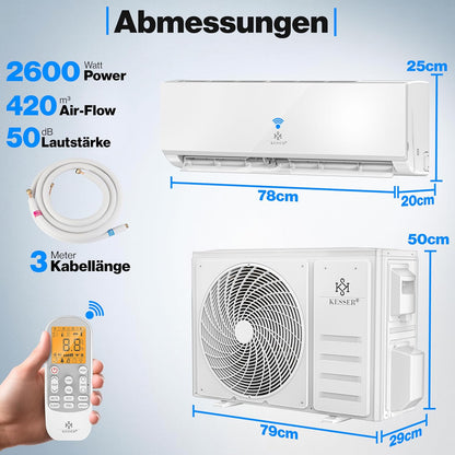  KESSER® Climatiseur SET Split – Wi-Fi/application – Refroidissement A++/chauffage A+ – Réfrigérant R32 – Télécommande, Matériel De Montage 9 000 BTU/h (2 600 Watts) Blanc [Classe énergétique A++]