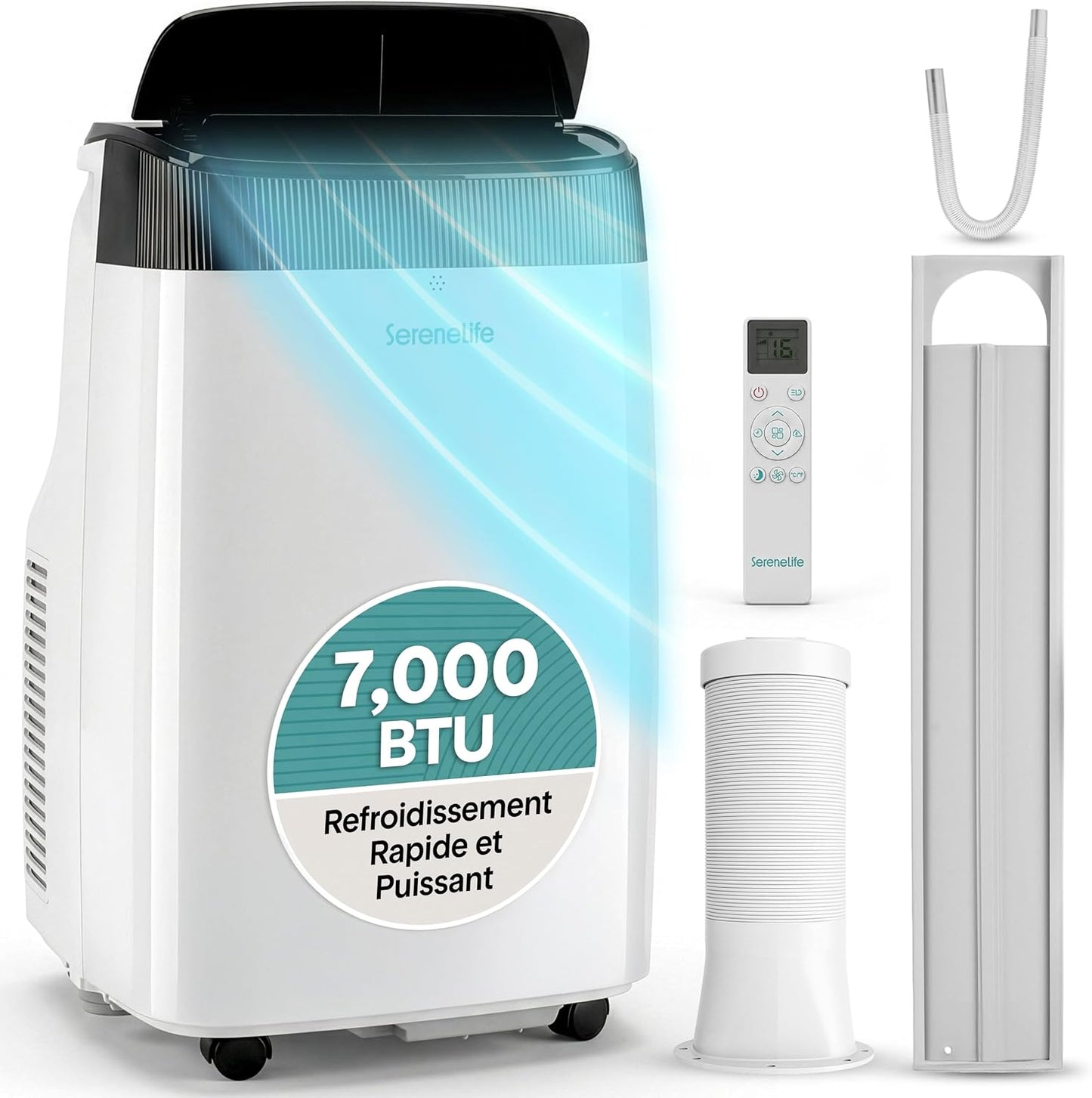  SereneLife Climatiseur Mobile 9000 BTU Avec Chauffage – Climatiseur Réversible Portable 4 En 1, Jusqu’à 41 M², Déshumidificateur, Ventilateur, Télécommande, Kit Fenêtre, Blanc