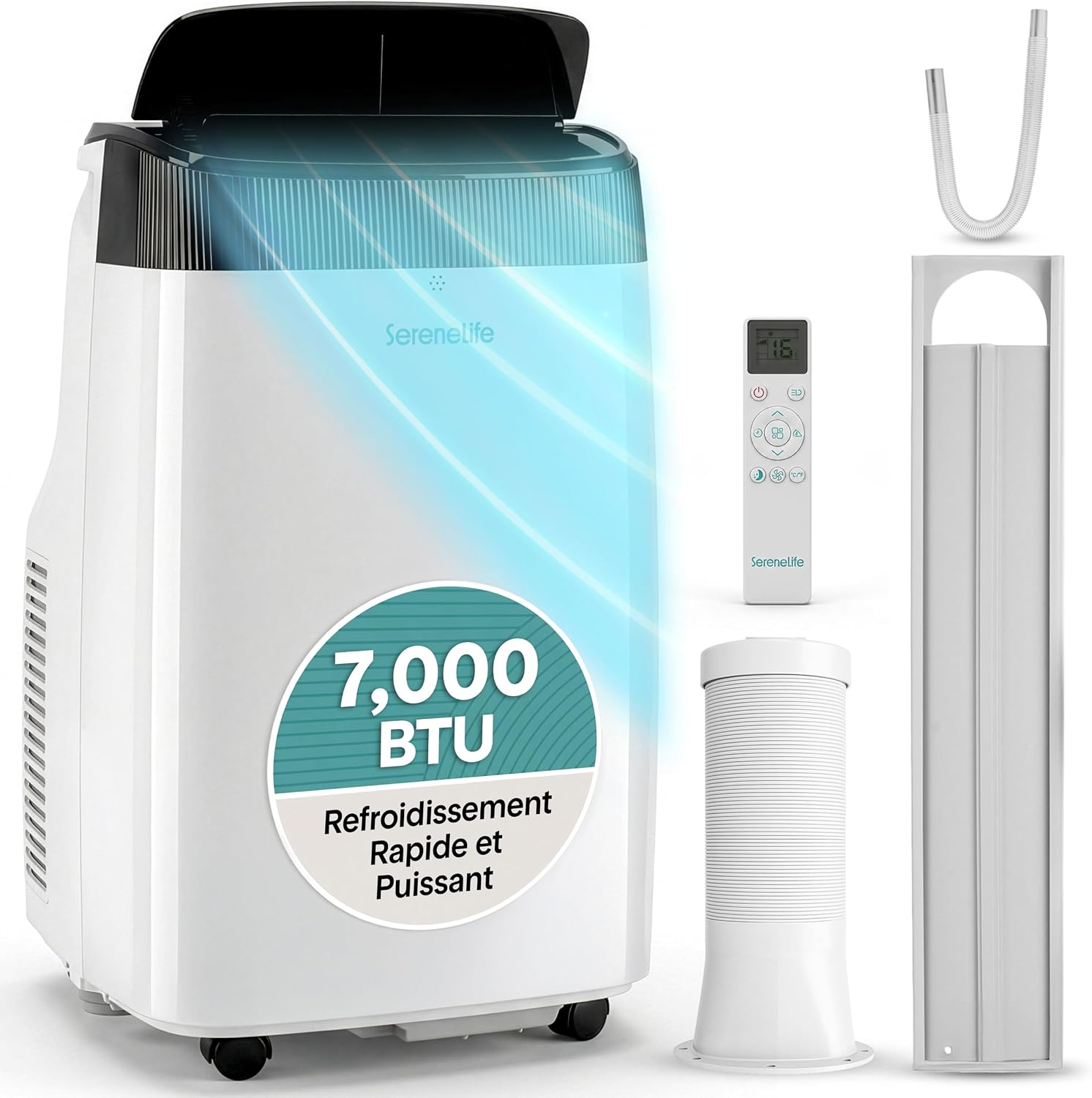  SereneLife Climatiseur Mobile 9000 BTU Avec Chauffage – Climatiseur Réversible Portable 4 En 1, Jusqu’à 41 M², Déshumidificateur, Ventilateur, Télécommande, Kit Fenêtre, Blanc