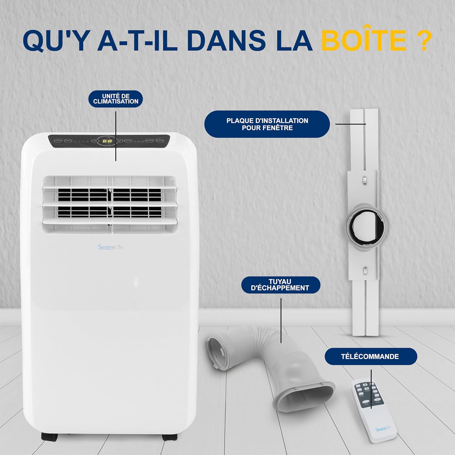  SereneLife Climatiseur Mobile 9000 BTU Avec Chauffage – Climatiseur Réversible Portable 4 En 1, Jusqu’à 41 M², Déshumidificateur, Ventilateur, Télécommande, Kit Fenêtre, Blanc