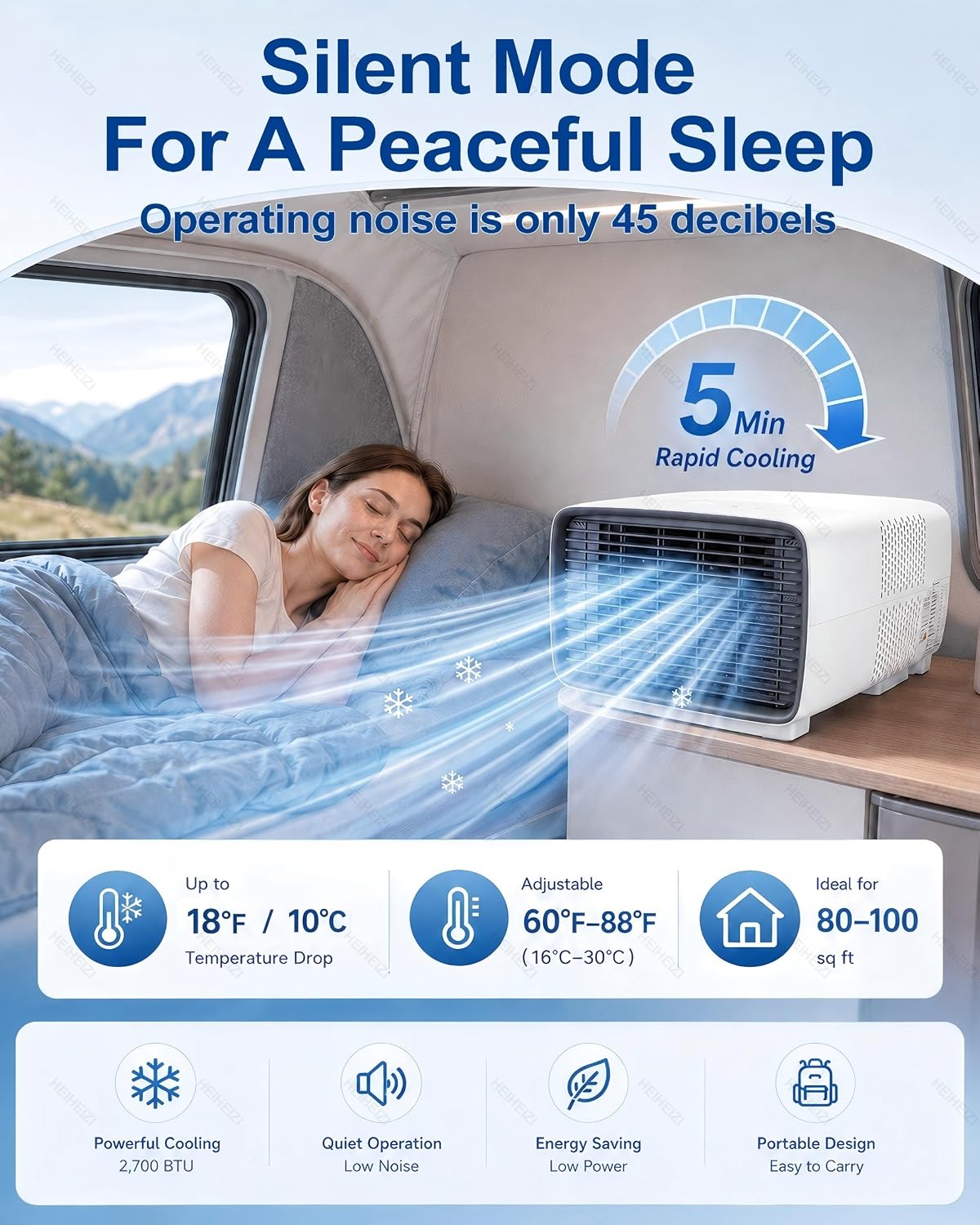  Climatiseur De Tente 2700 BTU 280W Compresseur DC 45 DB CE | 3 Modes Refroidissement, Déshumidification Et Ventilation, Panneau, Télécommande, Timer 1-12 H, Pour Camping-car Et Van