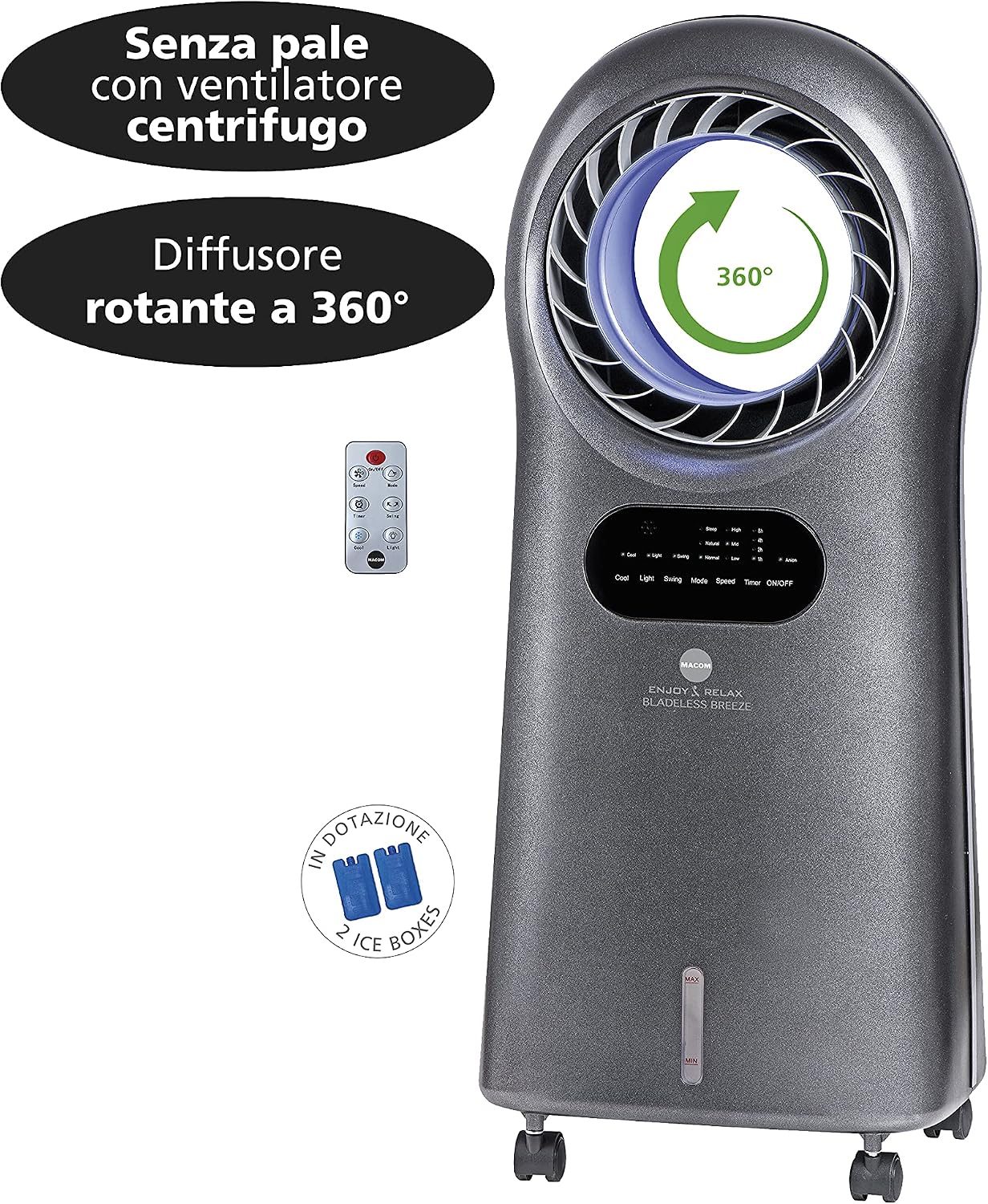  Macom Enjoy & Relax 989 Bladeless Breeze Refroidisseur évaporatif Sans Pales Gris Débit 10 M³/Min