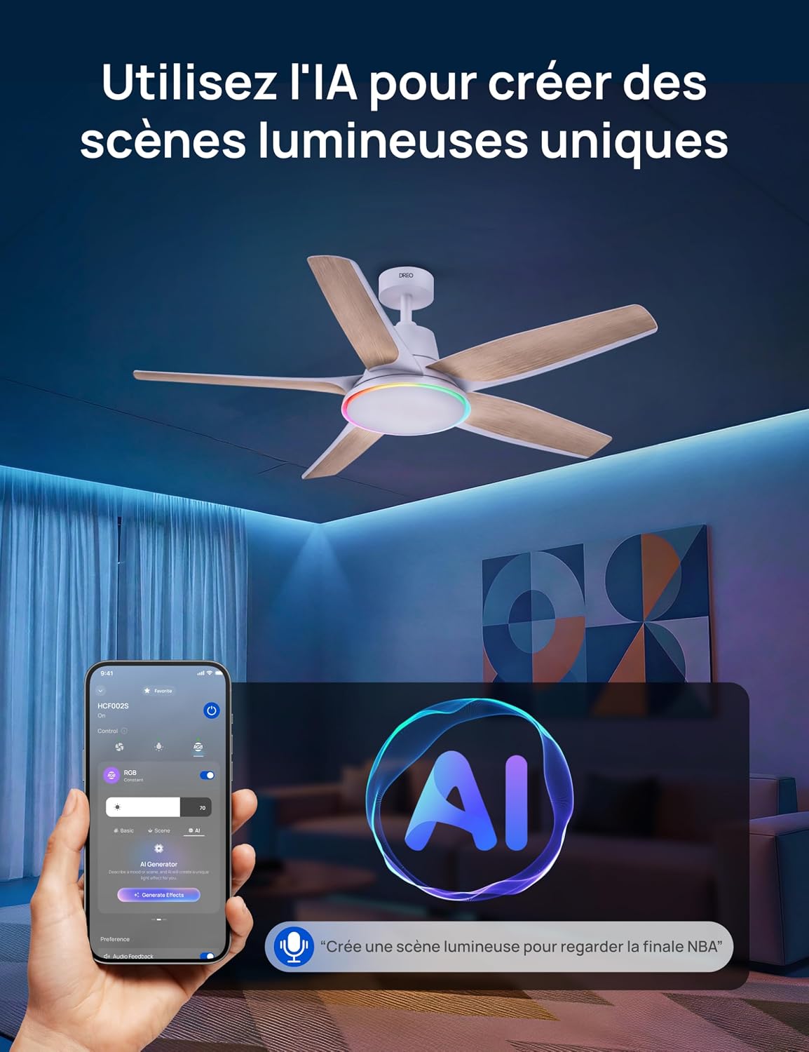  DREO Ventilateur De Plafond Intelligent à Profil Bas Avec Lumière 132 Cm, LED Dimmable à Température De Couleur Réglable, éclairage D’ambiance RGB, Moteur CC Silencieux, Installation Facile, Blanc，APP