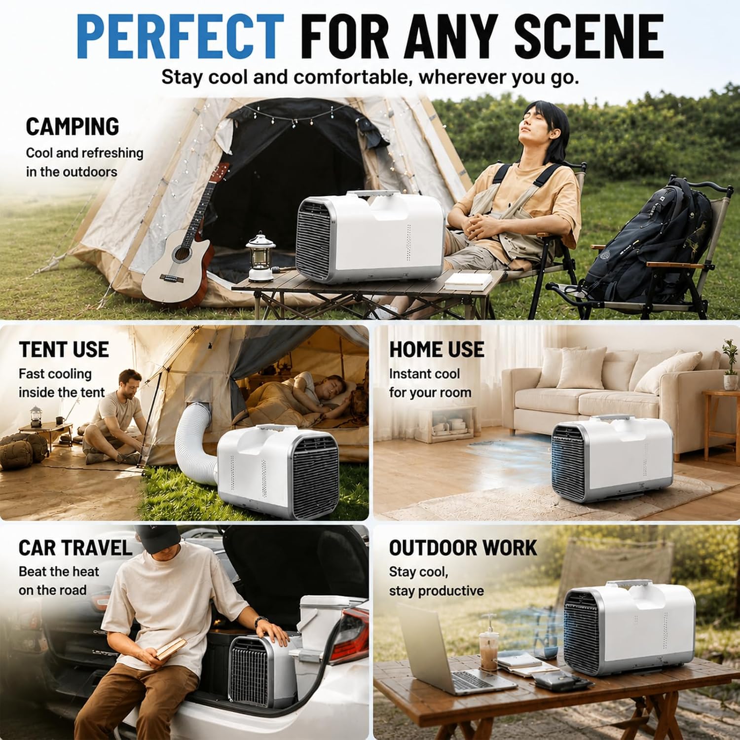  Climatiseur Mobile Tente 4000 BTU, Clim Portable Silencieux 420W Basse Consommation Sans Fenêtre Pour Camping Car Van Garage Refroidissement Intérieur Extérieur