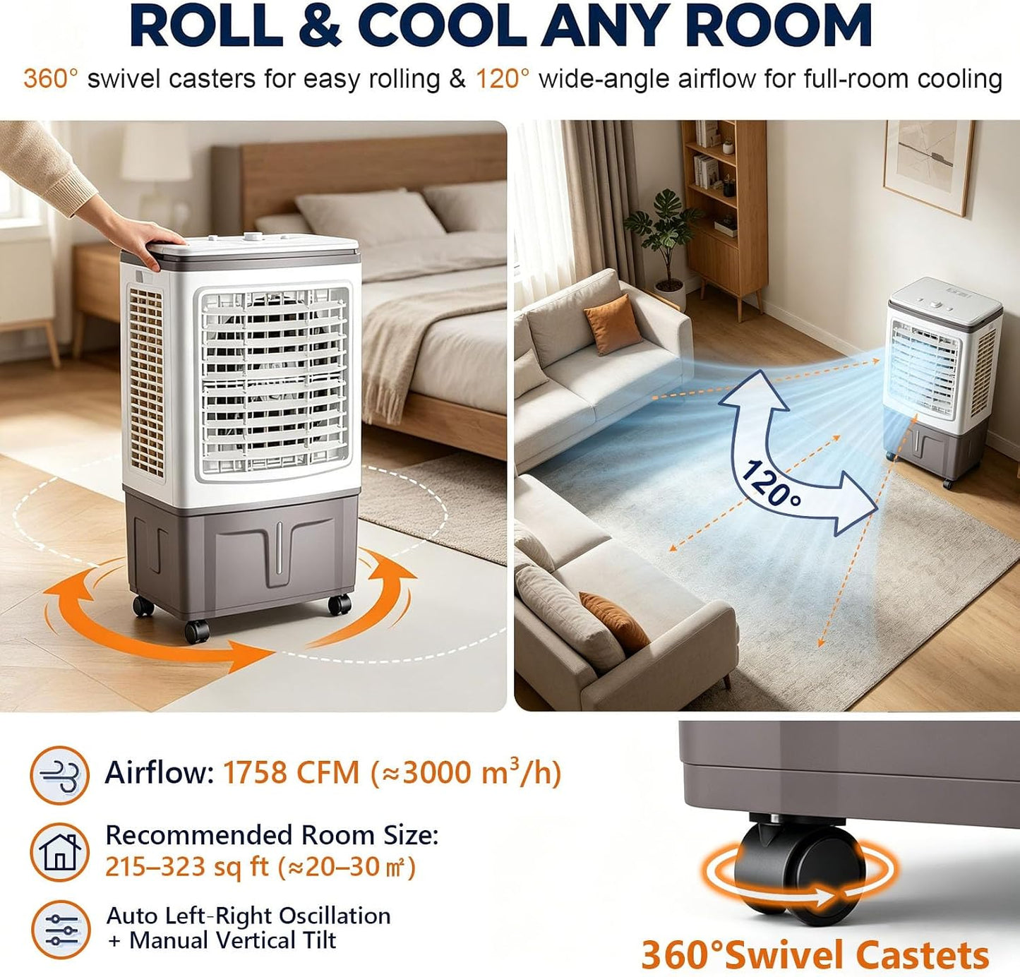 GENERIC Ventilateur Refroidisseur D'air 3 En 1, Réservoir D'eau 30 L, Rideau Triple Côté, Balançoire à 120°, 3 Vitesses De Ventilateur, Avec Blocs De Glace, For Camping-car Et Tente De Camping