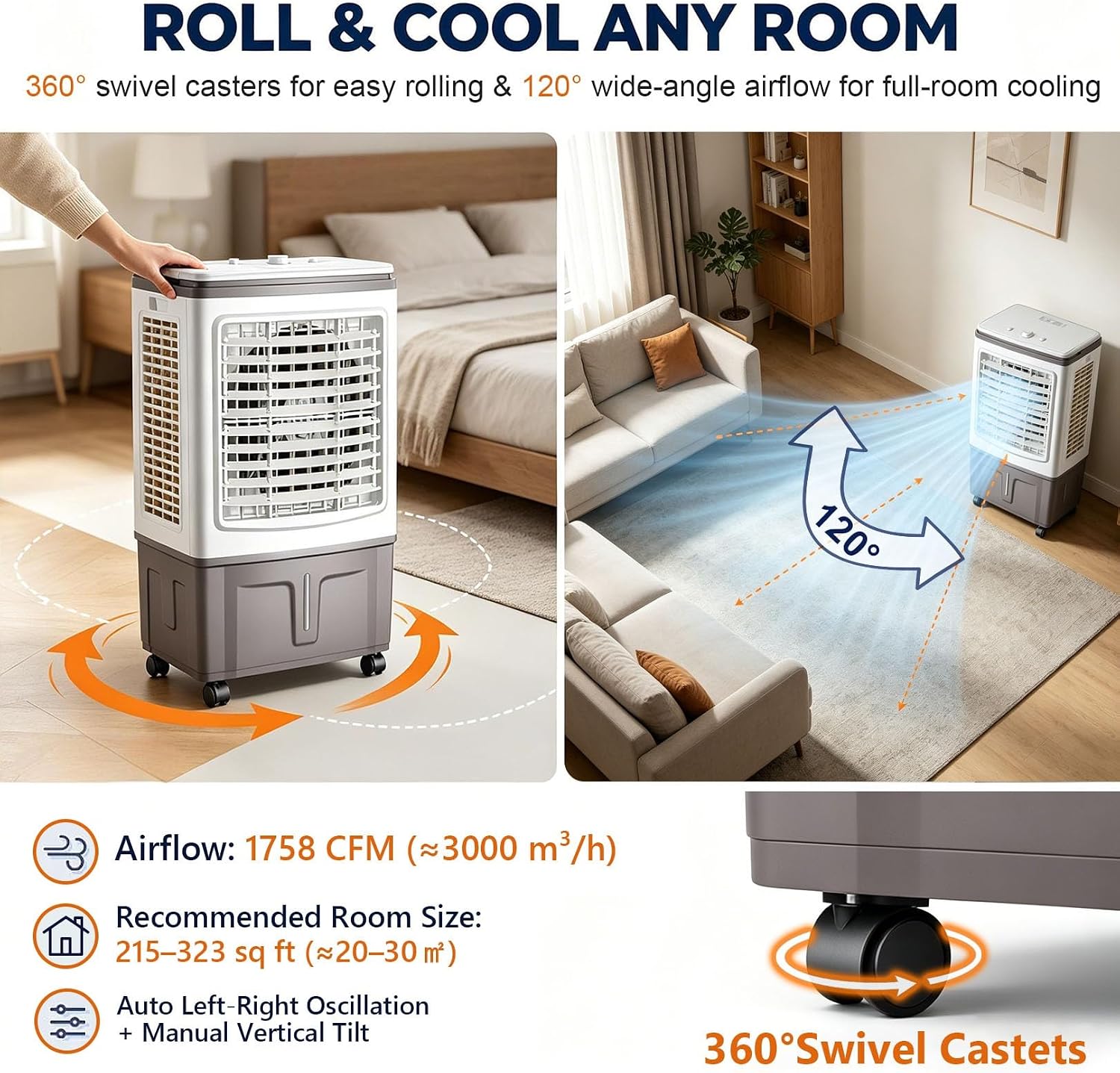 GENERIC Ventilateur Refroidisseur D'air 3 En 1, Réservoir D'eau 30 L, Rideau Triple Côté, Balançoire à 120°, 3 Vitesses De Ventilateur, Avec Blocs De Glace, For Camping-car Et Tente De Camping