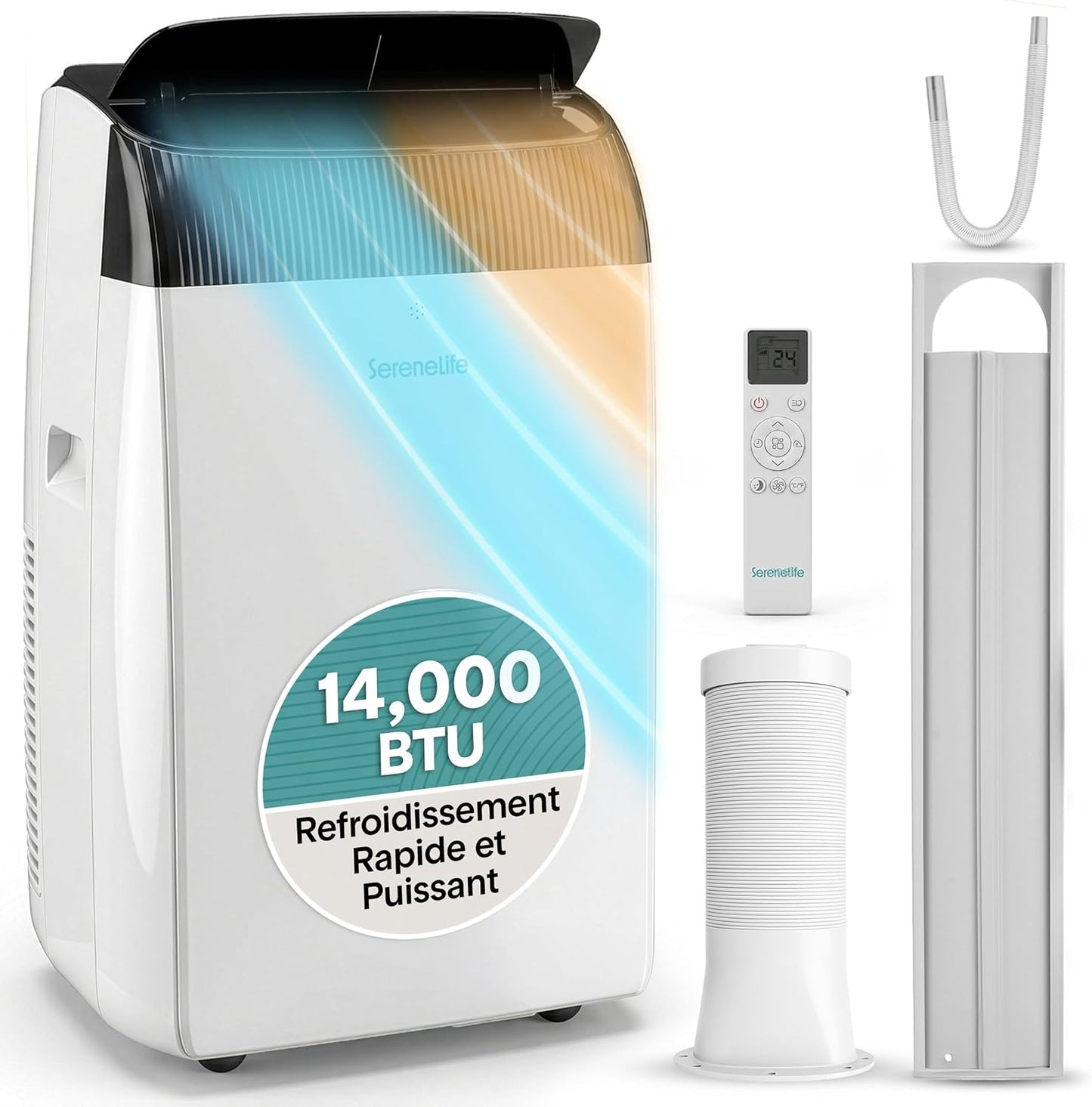  SereneLife Climatiseur Mobile 9000 BTU Avec Chauffage – Climatiseur Réversible Portable 4 En 1, Jusqu’à 41 M², Déshumidificateur, Ventilateur, Télécommande, Kit Fenêtre, Blanc