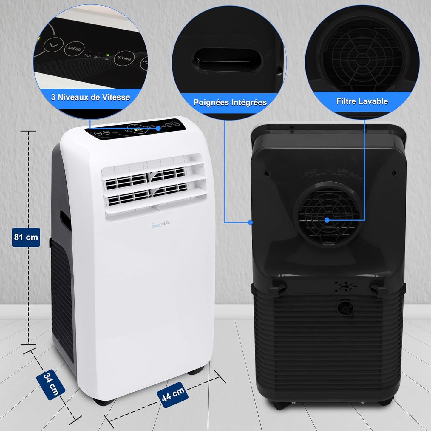  SereneLife Climatiseur Mobile 9000 BTU Avec Chauffage – Climatiseur Réversible Portable 4 En 1, Jusqu’à 41 M², Déshumidificateur, Ventilateur, Télécommande, Kit Fenêtre, Blanc