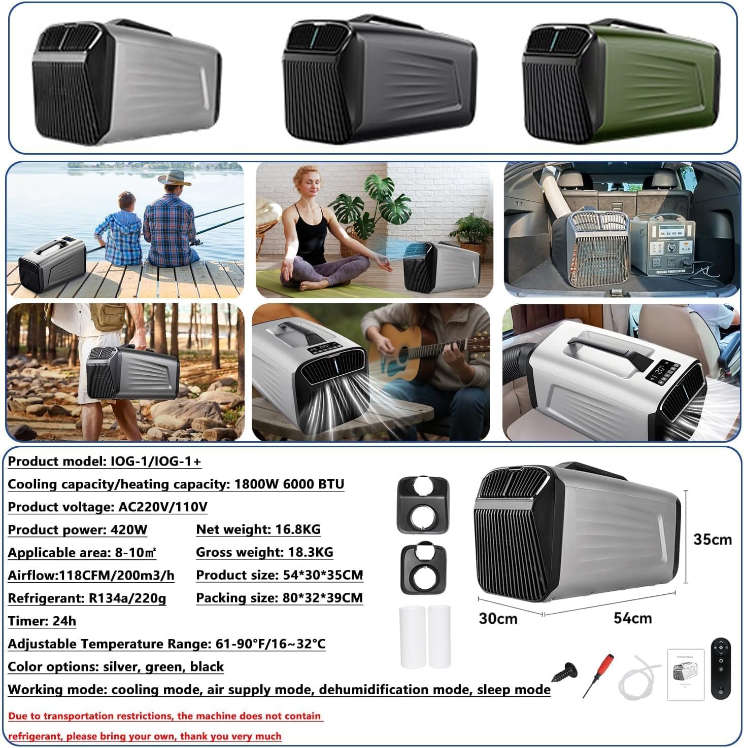  Climatiseur De Camping Portable - 6000 BTU 4-en-1 Unité Avec Télécommande, Refroidissement, Ventilateur, Déshumidification, Modes De Sommeil, Panneau Tactile à 3 Vitesses Pour La Tente Ou L'utilisatio
