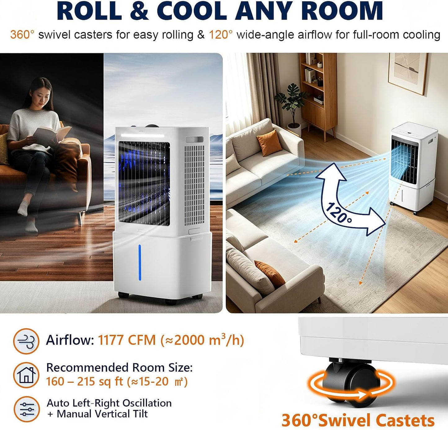 GENERIC Ventilateur De Refroidissement D'air 3 En 1, Réservoir D'eau De 25 L, Oscillation Automatique à 120°, 3 Vitesses De Ventilateur, Refroidissement Par Rideau D'eau, For Terrasse Et Appartement