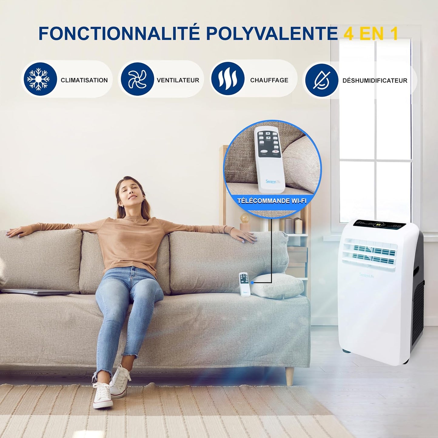  SereneLife Climatiseur Mobile 9000 BTU Avec Chauffage – Climatiseur Réversible Portable 4 En 1, Jusqu’à 41 M², Déshumidificateur, Ventilateur, Télécommande, Kit Fenêtre, Blanc
