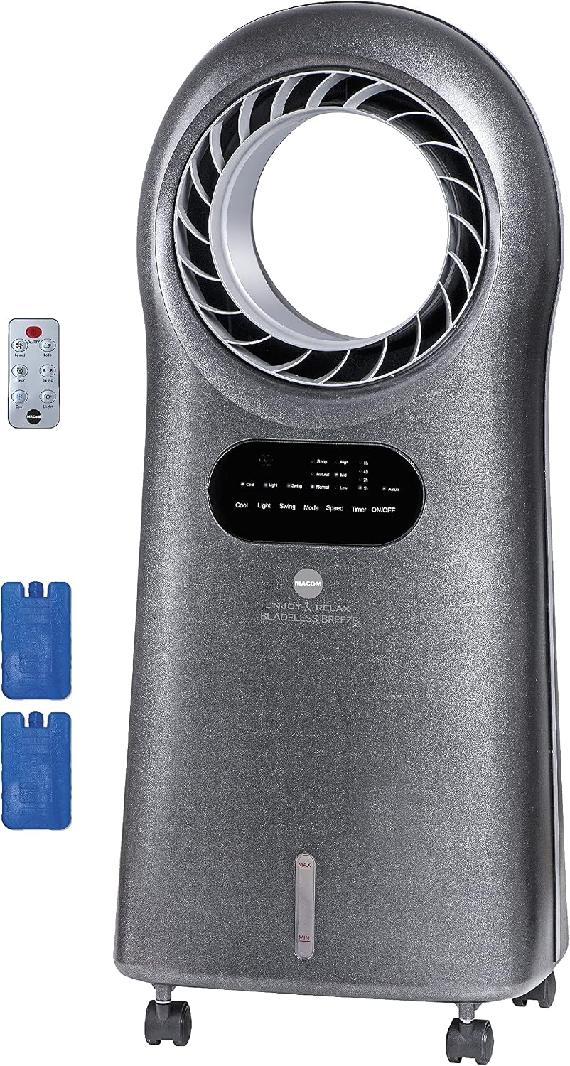  Macom Enjoy & Relax 989 Bladeless Breeze Refroidisseur évaporatif Sans Pales Gris Débit 10 M³/Min